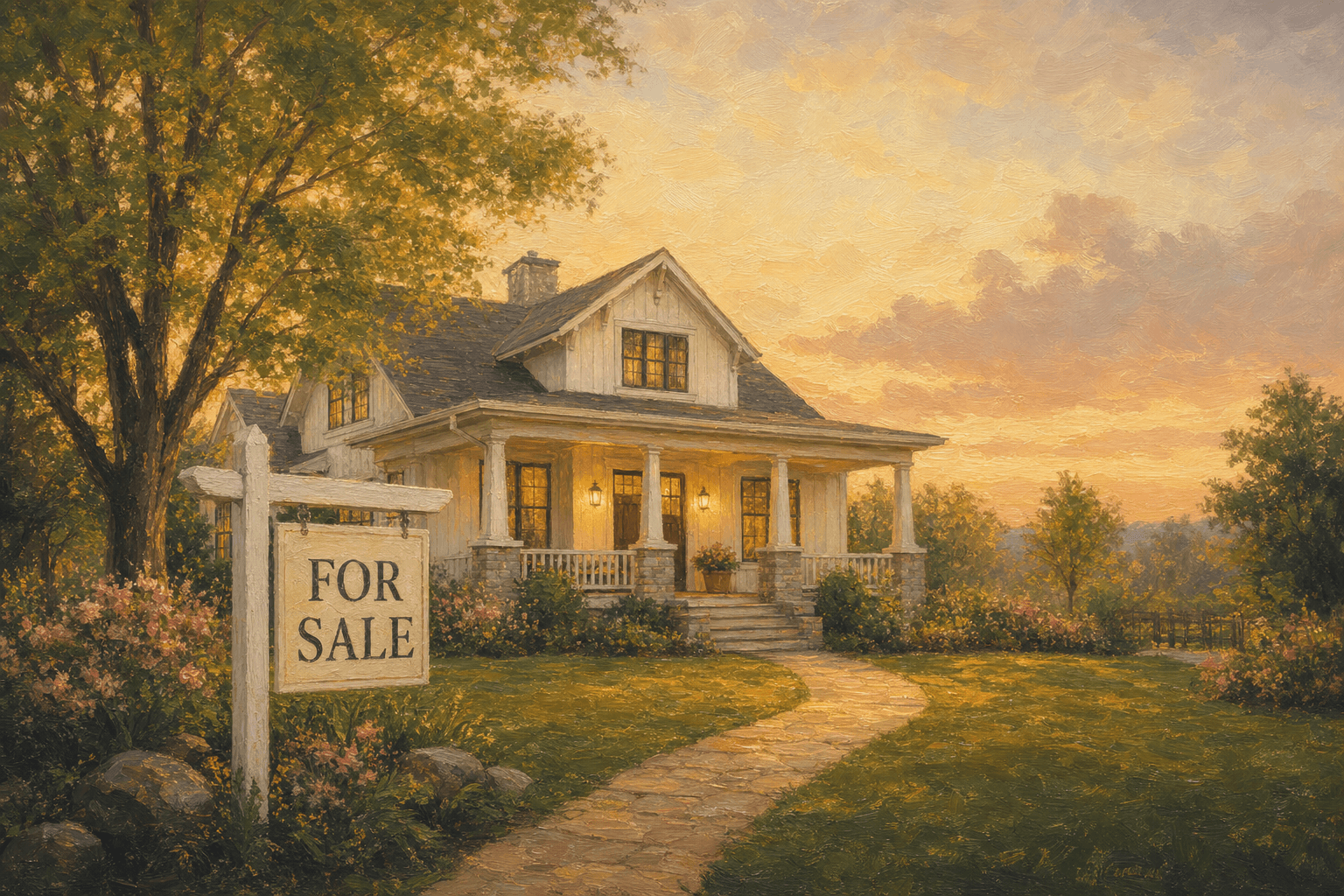 Impressionist oil painting of 1428 Oak Ridge — a white farmhouse with a For Sale sign in the front yard at golden hour